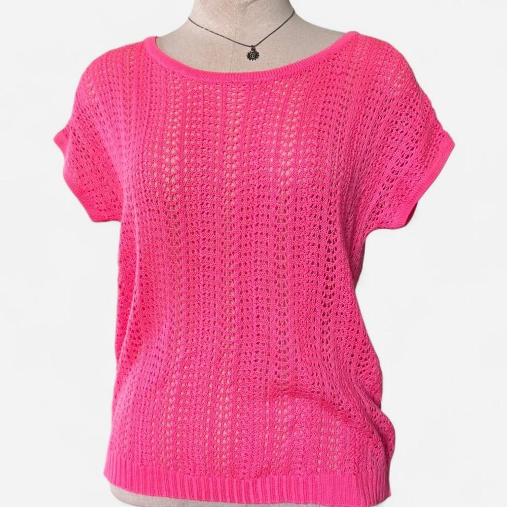 Bright Pink Knit Crochet Short Sleeve Scoop Neck Top Women’s Size Small